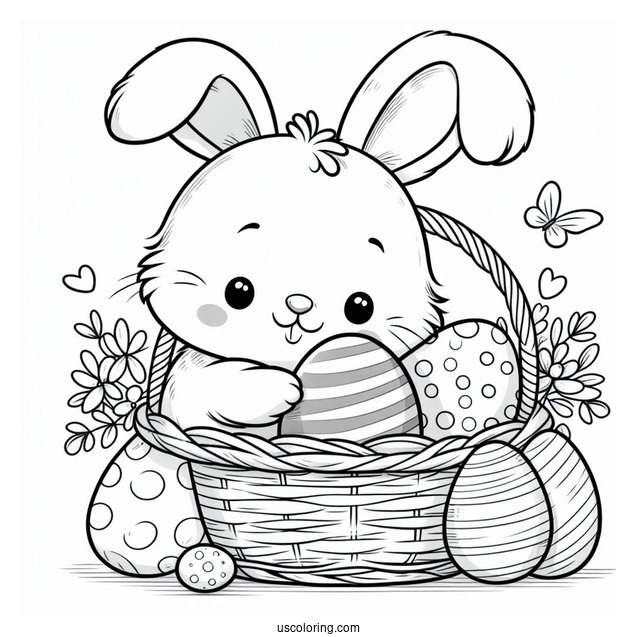 Cartoon Rabbit Coloring Page Hugging A Basket Of Easter Eggs