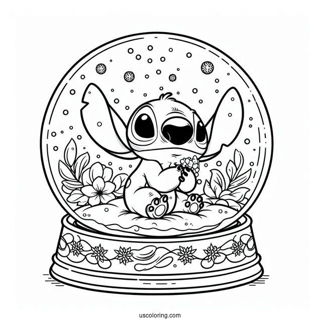 Adorable Stitch Inside A Snow Globe Coloring Page For Kids