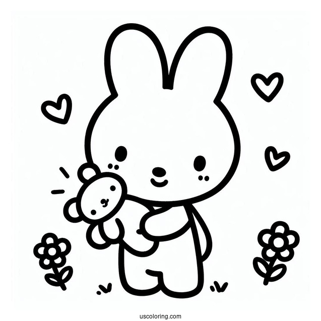 Easy Miffy Coloring Page Holding Stuffed Bear For Kids