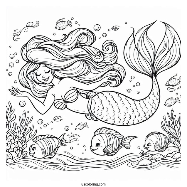 Mermaid Ariel Diving Into Sea With Flounders