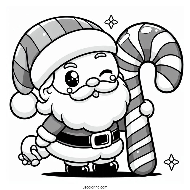 Cartoon Santa Winking While Carrying A Candy Cane Coloring Page For Kids