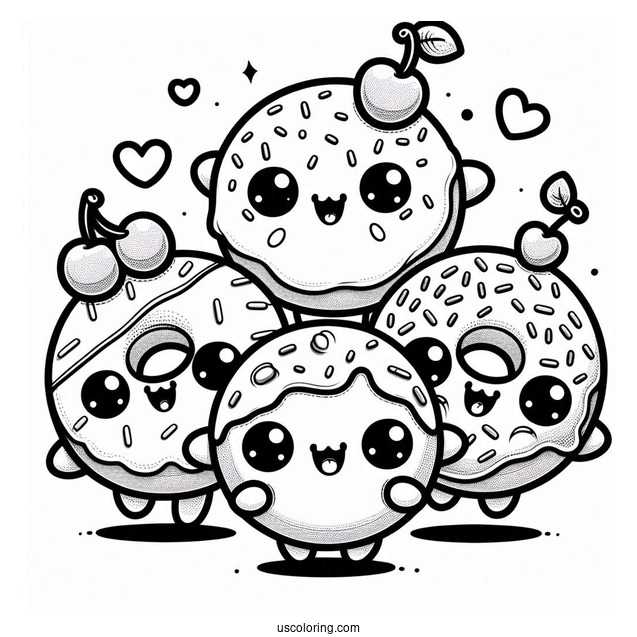 Three Kawaii Mini Donut Coloring Page For Kids