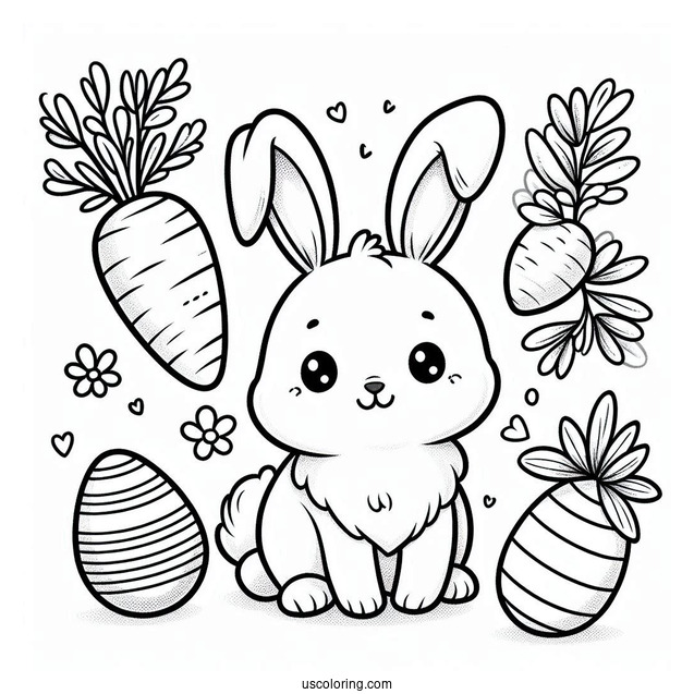 Happy Easter Coloring Page Bunny Ears, Eggs, And Carrot