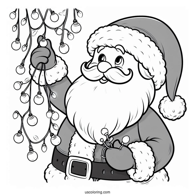 Jolly Santa Haning Up Christmas Lights To Color