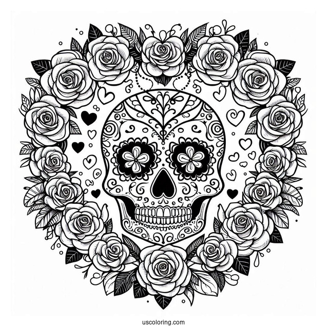 Sugar Skulls Coloring Page Inside A Rose Wreath
