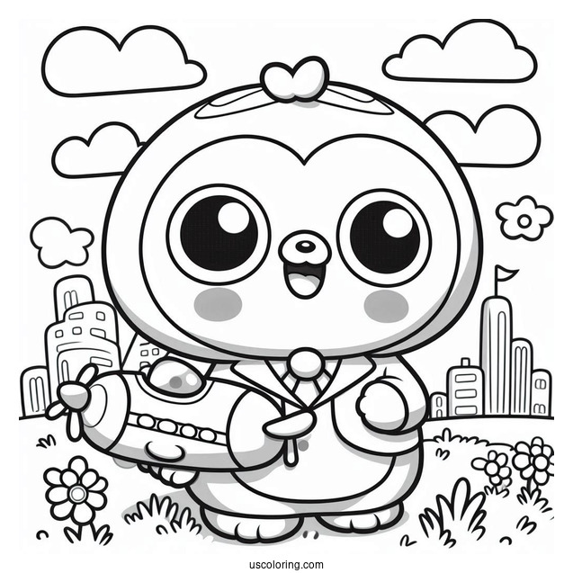 Smiling Pororo Coloring Page Holding Toy Airplane