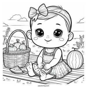 Pretty Baby Coloring Page Sitting On A Picnic Mat With A Watermelon For Kids