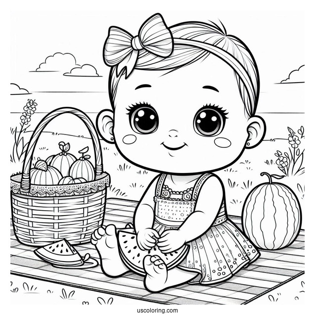 Pretty Baby Coloring Page Sitting On A Picnic Mat With A Watermelon For Kids
