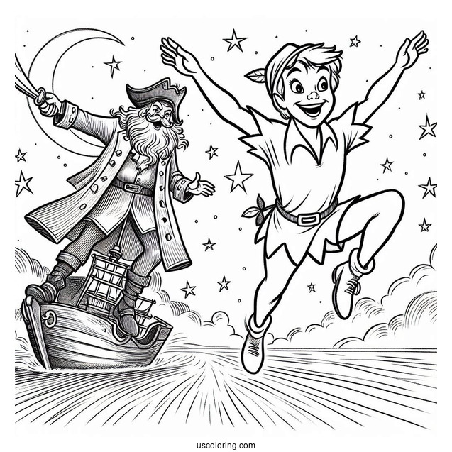 Peter Pan Flying Over Scared Captain Hook Coloring In