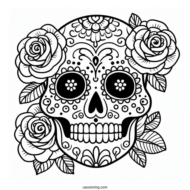 Easy Sugar Skulls Coloring Page With Roses For Kids