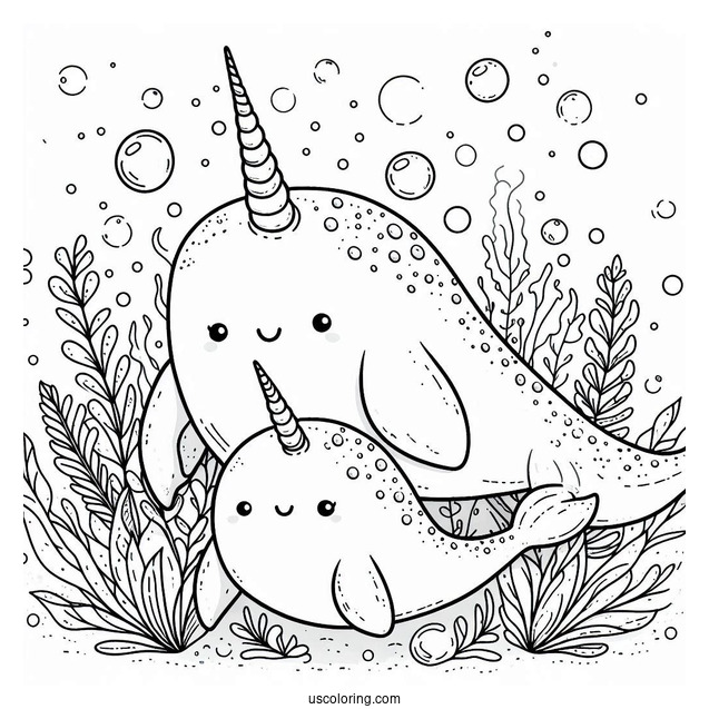Mama And Baby Narwhal Coloring Page Surrounded By Bubbles