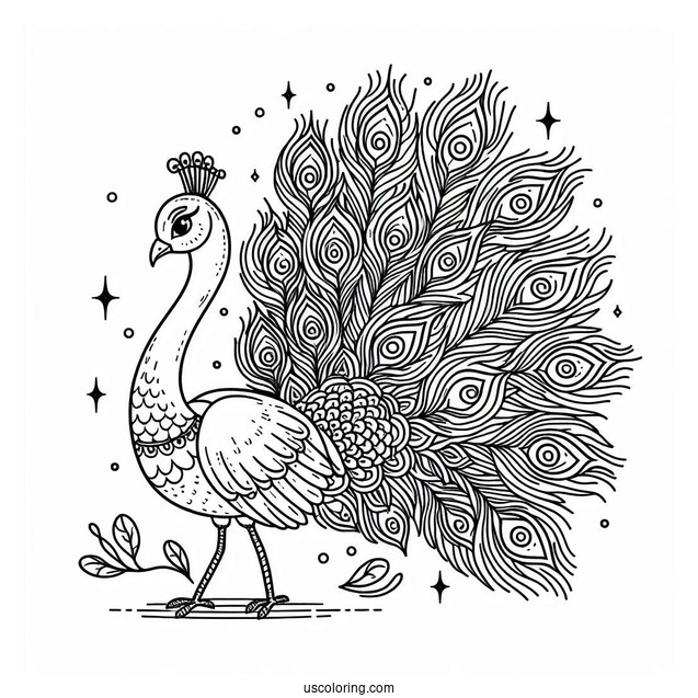 Cartoon Peacock Coloring Page Showing Off Fancy Tail Feathers For Kids