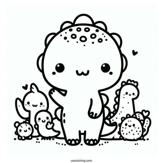 Kawaii Dinosaur With Little Animals On Its Back Coloring Page