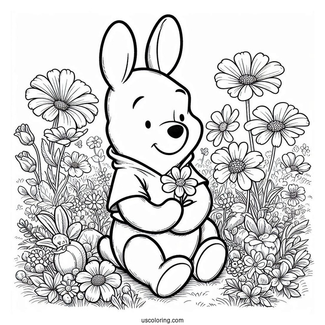 Winnie The Pooh Sitting On A Flower Field With A Rabbit Coloring Page