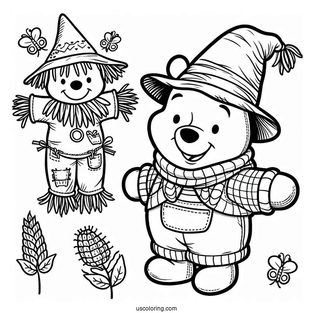 Adorable Winnie The Pooh Dressed As A Scarecrow Coloring Page For Preschoolers