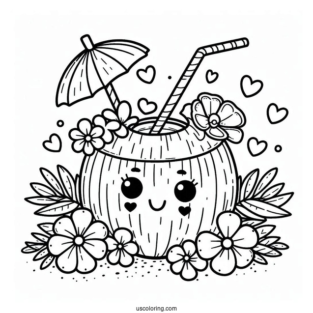 Adorable Coconut Coloring Page Drink With Flowers And Hearts For Kids