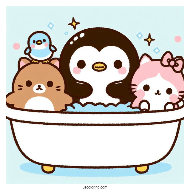 Sumikko Gurashi Coloring Page Of Penguin, Shirokuma, Neko, And Tonkatsu In Bath