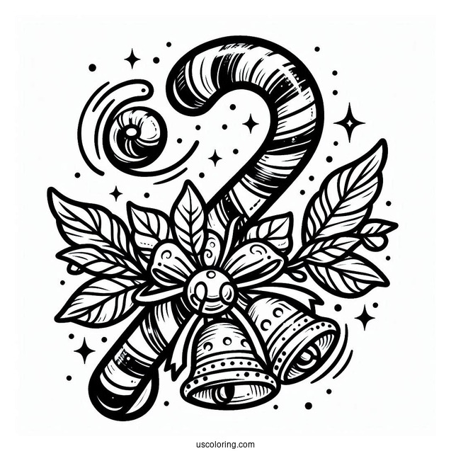 Christmas Candy Cane With Bells To Color