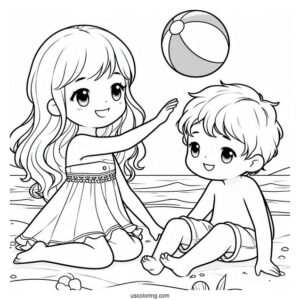 Two Kids Playing With A Beach Ball Coloring Sheet