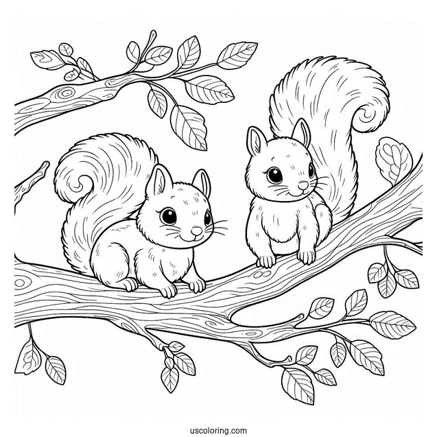 Easy Outline Of Two Squirrels Coloring Page On Tree Branch