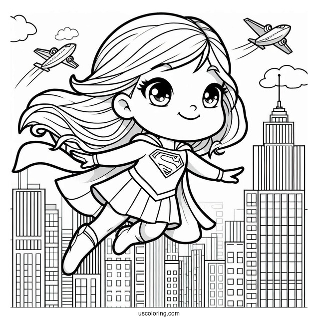 Cute Supergirl Coloring Page Flying Through The City For Preschoolers