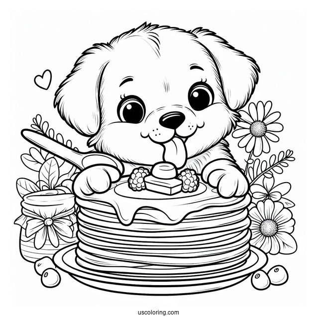 Puppy Licking Large Pancake Coloring Page With Butter And Berries