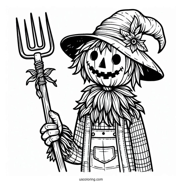 Halloween Scarecrow Coloring Page Holding A Digging Fork