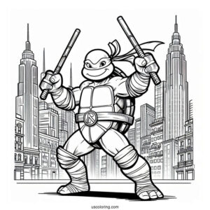 Ninja Turtles Coloring Page Of Michelangelo Using Nunchucks In City