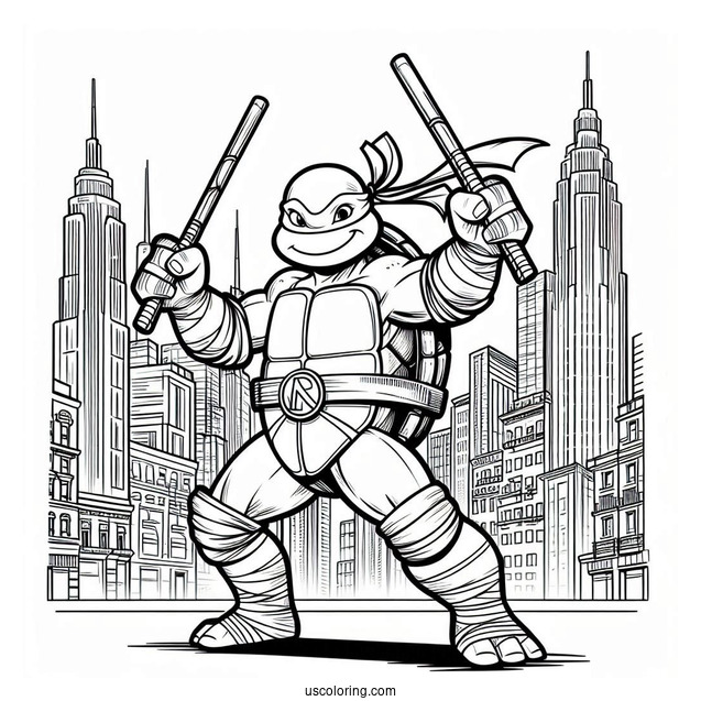 Ninja Turtles Coloring Page Of Michelangelo Using Nunchucks In City