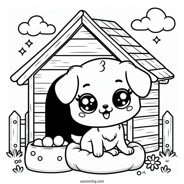 Kawaii Puppy In Dog House Coloring In For Preschoolers