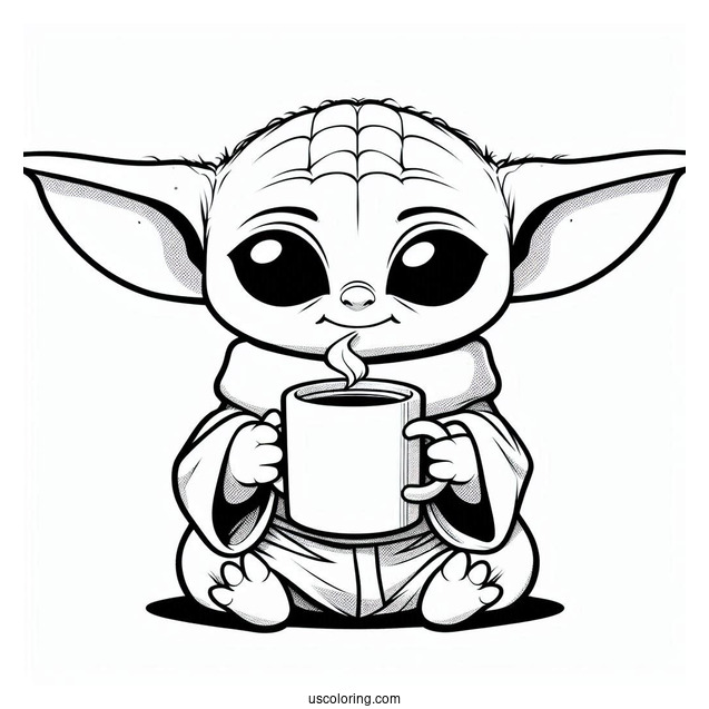 Cute Kawaii Baby Yoda Drinking Tea