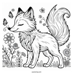 Beautiful Fox Coloring Page Smelling Flowers