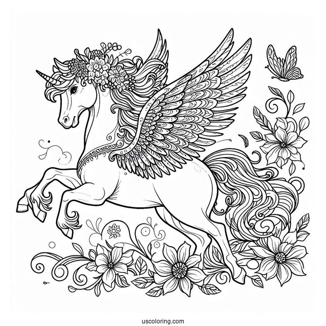 Elegant Pegasus Coloring Page With Flowers