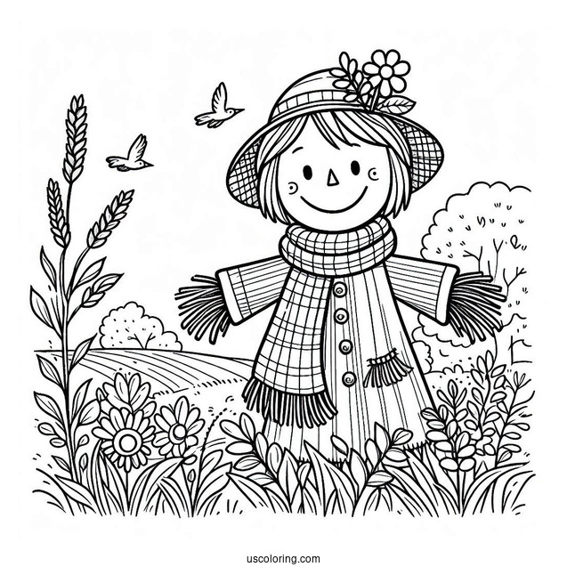 Smiling Scarecrow Coloring Page In The Field Wearing A Scarf