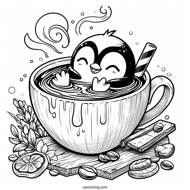 Penguin Bathing In Hot Coffee Coloring Page