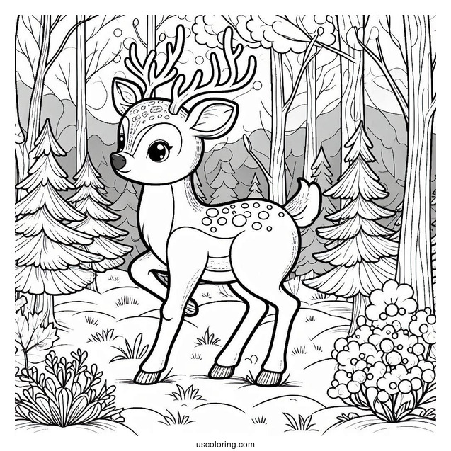 Rudolph Coloring Page In a Forrest