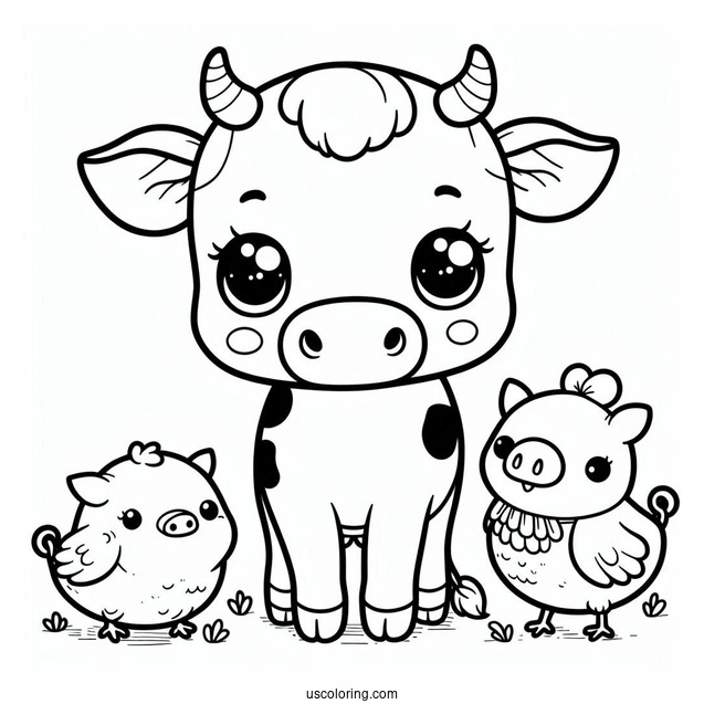 Baby Cow With Pig Chicken And Pig Coloring Sheet