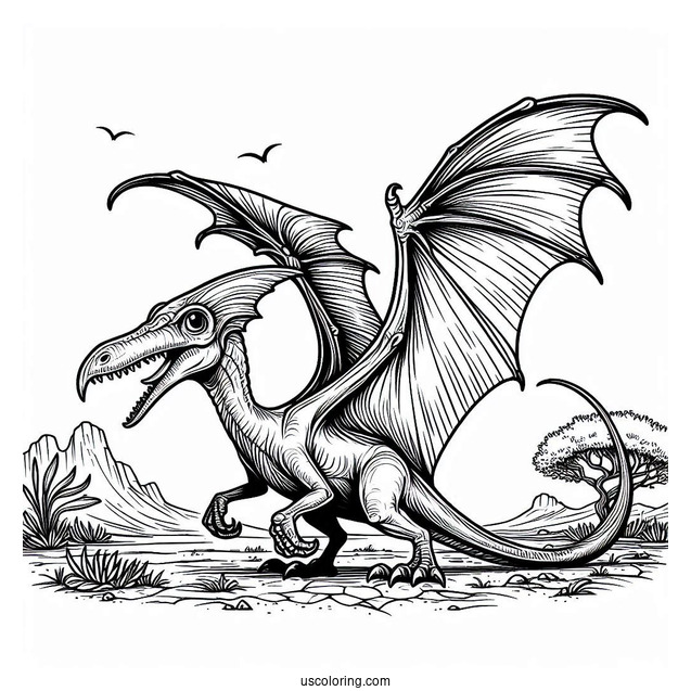 Scary Pterodactyl Coloring Page Standing On The Ground And Spreading Wings
