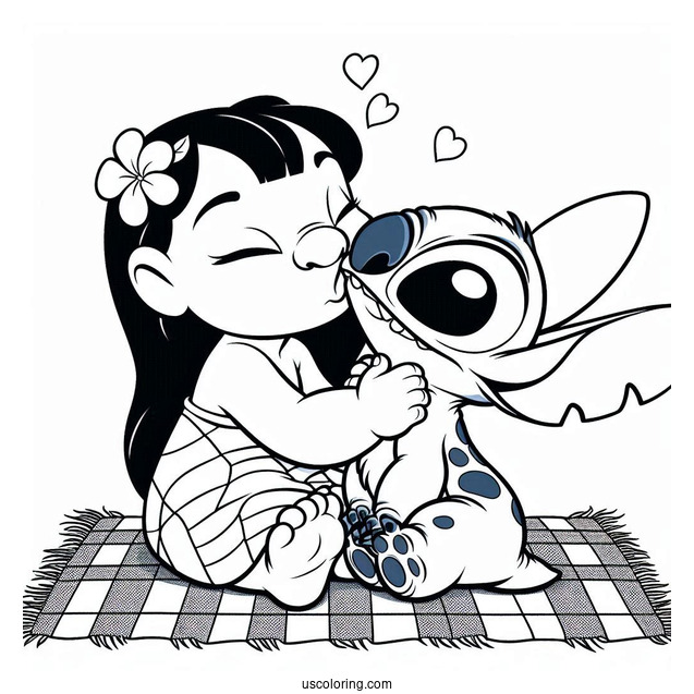 Lilo Kissing Stitch On The Check Coloring Page