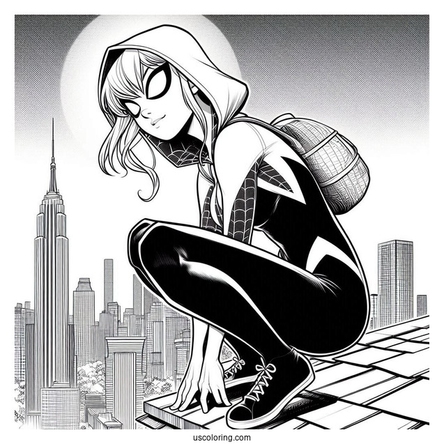 Spider-Gwen Coloring Page Crouched On The Edge Of A Roof