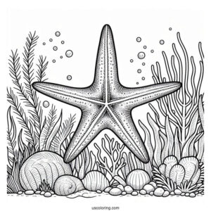 Large Starfish Coloring Page In Coral Reef For Kids