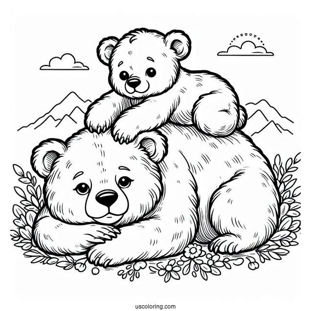 Bear Coloring Page Of Cub Lying On Top Of Mama Bear