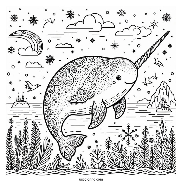 Detailed Narwhal Coloring Page In The Arctic To Color