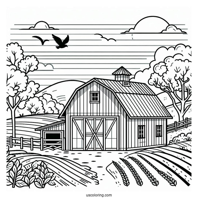 Easy To Color Barn With Fields To Color