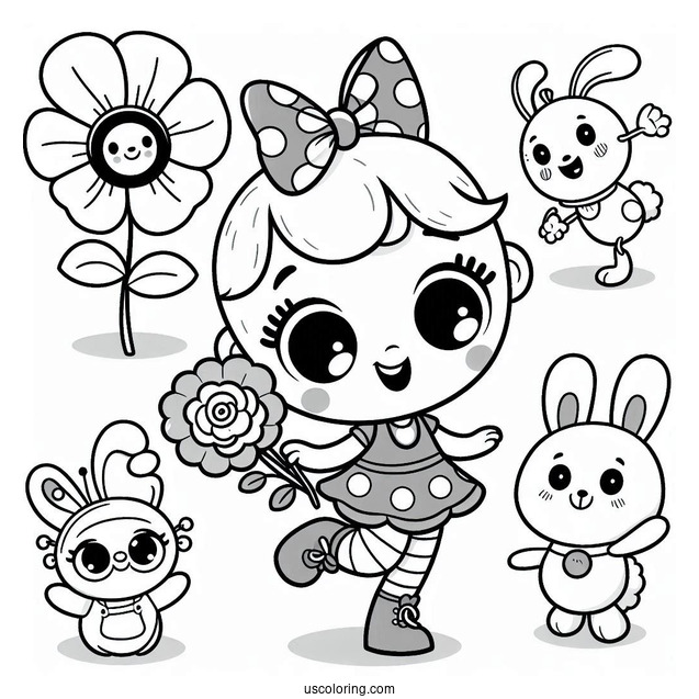 Poppy Playtime Coloring Page Of Mommy Long Legs, Huggy Wuggy, Kissy Missy, Poppy, Bron, Boogie Bot, And Bunzo Bunny