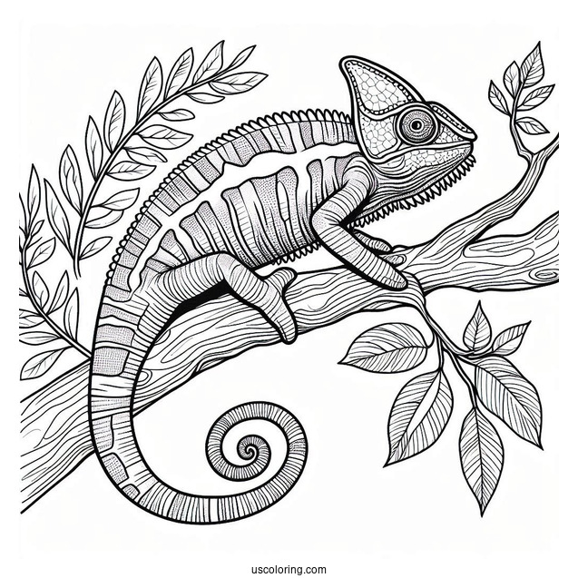Lizard Coloring Page of Jackson's Chameleon On Tree Branch