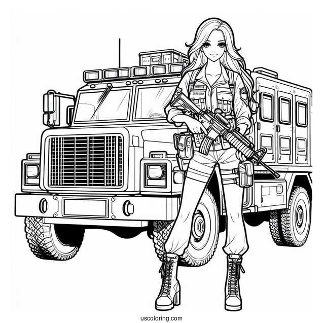 Female Soldier Coloring Page Standing In Front Of Military Truck