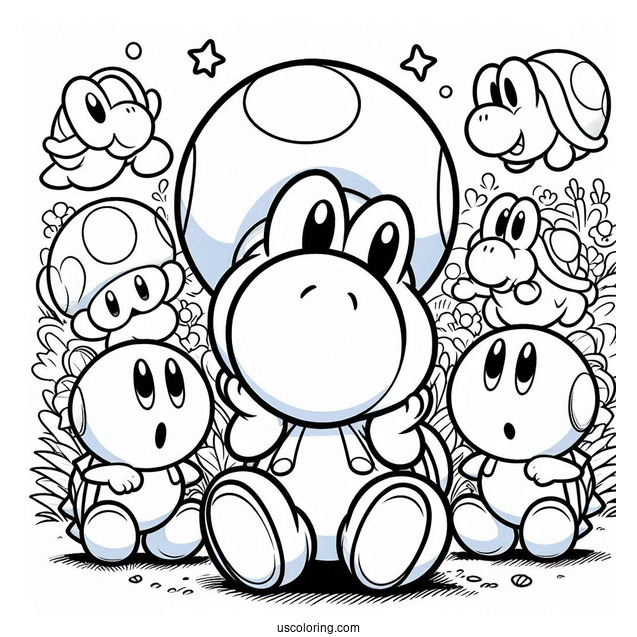 Yoshi And Shy Guy Coloring Page With Toads In The Background