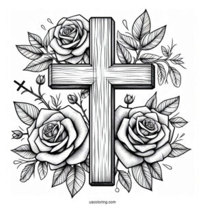 Wooden Cross With Roses To Color
