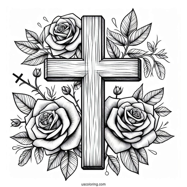 Wooden Cross With Roses To Color